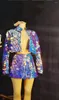 Stage Wear Purple Blue Laser Dress Mirror Sequins Jacket Vest Pant Set Nightclub Jazz Dance Costume Singer Party Show