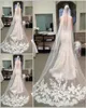 Säljer billigast i lager Long Chapel Length Bridal Veil Applicies 2015 Veu de Noiva Longo Wedding Veil Spets Purfle med COMB3580481