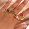 Bröllopsringar Stark prong Ställa in Oval Cu3a Zircon Shiny Green Red Black White Stone Ring Rostfritt stål 18K Guldpläterad för kvinnor