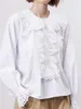 Blusas femininas camisa de manga longa oco babados gola virada para baixo doce branco senhoras blusa outono 2024