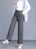 Oversize 4xl xadrez escritório calças retas coreano moda feminina formal perna larga pantalones casual ol calças de cintura alta 240201