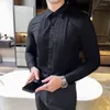 Men's Casual Shirts Luxury Tastar Dress Shirt Men Groom's Wedding Long Sleeved Slim Spliced Pleat Design Party Banquet Black White 2024