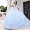 Sky Mavi Luxury Quinceanera Elbise Balo Elbise 3d Çiçekler Aplike Dantel Tull Prom Partisi 16 Kız Tatlı 15 Vestidos De XV Anos