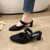 Slippers Summer Summer Half Women's Rhinestone مدببة أخمص القدمين الشبكة ذات الكعب العالي مريح أحذية منتصف 2024