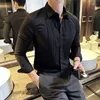 Men's Casual Shirts Luxury Tastar Dress Shirt Men Groom's Wedding Long Sleeved Slim Spliced Pleat Design Party Banquet Black White 2024