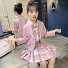Giyim setleri set kız takım elbise Kore 3pc okul 2024 yaz prenses resmi moda çocuklar ceket elbise etek uzun gömlek yaylı çamaşır kıyafetleri