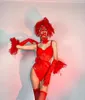 Sahne Giyim Seksi Kadın Dansçı Gogo Show Dans Kostümü Red Pearl Headgear Dantel Bodysuit Set Bar Sevgililer Günü Partisi Performansı