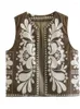 Gilet da donna Ricamo floreale bianco Gilet unisex stampato Elegante Top in lino di cotone 2024 Colletto tondo estivo Senza maniche Corto Streetwear