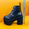 Botas estilo punk mulheres sapatos rendas até salto grosso altura 11cm plataforma mulher gótico tornozelo decoração de metal genuíno couro