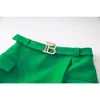 Summer High Street European Style Fresh Green Blazer Skirt Sets Pocket Notached Slim 2PCS Women Quality Suits 240202