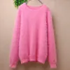 Suéteres femininos 04 senhoras mulheres outono roupas de inverno peludo macio angora cabelo mão de malha o-pescoço blusas finas pulôver jumper suéter