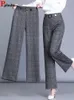 Surdimensionné 4xl Plaid bureau pantalon droit mode coréenne femmes formelle jambe large pantalons décontracté OL taille haute pantalon 240201