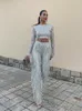 Tassel Sequin Women 2 Piece Set Autumn Silver Bright Silk Oneck Crop Tops Wide Leg Pants Female Suit Fashion Street Lady Sets 240122