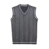 Men'S Sleeveless Sweater Vest Striped Trim V Neck Pullover Vestes Knitwear Male Waistcoat 240119