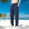 Pantaloni da uomo drappeggiati in lino alla moda, casual, sottili e oversize, retrò, lunghi, color lavanda, da uomo, pantaloni chino elasticizzati M