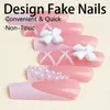 False Nails White Bow Decor Fake Long Coffin Ballet Nail Tips Full Cover Detachable French Pink Sweet Press On For Women