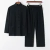 Tute da uomo oversize stile cinese Set vestito di linguetta manica lunga retrò Hanfu Tai Chi pantaloni di lino in cotone solido Pant 2 pezzi