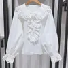 Blouses pour femmes Femmes Chemise à manches longues Creux Volants Col rabattu Doux Blanc Dames Blouse Automne 2024