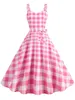 カジュアルドレス女性ヴィンテージピンクの格子縞のドレス2024年夏セクシーなスパゲッティストラップ50S 60SレトロロカビリーパーティースイングピンナップVestidos