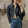 Damesblouses Casual geruit kort shirt met lange mouwen Dame Lente Herfst Streetwear Single Breasted Turn Down Kraag Los