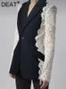 DEAT Fashion Women's Blazer Fashion Notched Lace Patchwork Long Sleeve Contrast Suit Jackets Female Autumn 2024 17A1298 240129