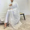 Roupas étnicas Branco Kimono Abaya Bordado Cetim Fino Muçulmano Puff Manga Verão Turquia Abayas para Mulheres Dubai Luxo Islam Kaftan Hijab