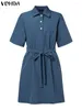 Casual Dresses VONDA 2024 Sommer Sommerkleid Denim Minikleid Frauen Mode Kurzarm Gürtel Taschen Revers Knöpfe Vintage Shirt Robe