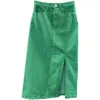 Rokken Groene Side Split Denim Rok Vrouwen Lange Hip-gewikkelde Koreaanse Temperament Hoge Taille Rok.