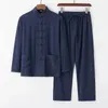 Tute da uomo oversize stile cinese Set vestito di linguetta manica lunga retrò Hanfu Tai Chi pantaloni di lino in cotone solido Pant 2 pezzi