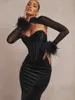 Casual Dresses Beaukey Sexig Black Feathers Bodycon Dress Mesh Långärmad midi Party Night Club 2024 For Women Fish Bone Vestidos