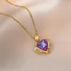 Pendant Necklaces Mystic Rainbow Birthstone Love Heart Clavicle For Women White Zircon Stainless Steel Chains Wedding Choker CZ