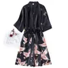 Bourgondië Vrouwen 2 STKS Faux Zijde Kimono Robe Gown Sets Sexy Print Kraan Nachthemd Badjas Lingerie Nachtjapon Zomer Nachtkleding 240201