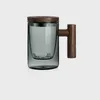 Vinglasglas Gelas minum gagang kayu 300-430 ml kaca borosilikat Dengan tutup cangkir Kantor hadiah ulang tahun