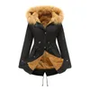 Women's Down EU Size Green Black With Fur Hat Thick Warm Casual Winter Zip Up Jacket For 2024 Bomber Cargo Coat Padded Oversize Parka