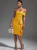 Casual Dresses Yellow Bandage Dress Women Party Bodycon Elegant Ruffle Sexy Off Shoulder Evening Birthday Club Outfits Summer