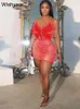 Abiti casual Wishyear Summer See Through Sheer Mesh Bodycon Short Party Woman Night Club Outfit Abito di lusso con strass e piume di perle