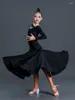 Сценическая одежда Черное платье для бальных танцев с длинным рукавом Конкурсный костюм Боди Юбка для девочек Вальс Танго Стандартная танцевальная одежда VDB7973