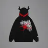 Y2K Street Ins Gothic Demon Horn Hat Cardigan dragkedja tröja Harajuku Spider Web Flocking Brodery Heavy Duty Hooded Coat 240127