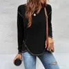 Autumn And Winter Womens Fashion Button Irregular Long Sleeve Tshirt Casual Round Neck Orange Patchwork Versatile Top 240130