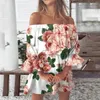 Casual Kleider Sommer Outfits Frauen Vintage Blumendruck Strand Schulterfrei Tunika Sommerkleider Lose Fit Glockenärmel Minikleid Vestidos