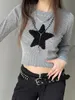 Kvinnor Ribbed Knit Crop Topps Långärmad Crew Neck Star Embroidery Slim Fit Tshirts Grunge Grey tröja 240129