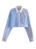 Blusas de mujer YENKYE 2024, camisa corta de almazuela de rayas para mujer, blusa holgada Vintage de manga larga con bolsillo para mujer, Top informal de verano