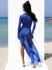 Casual Dresses Sexy V Neck Perspective Ruffle DrawString Tight Maxi For Women 2024 Spring Summer Elegant Side Split Party Vestido A1942