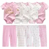 Unisex 6/9/10Pieces Cotton Born BodysuitsPants Baby Girl Clothes Sets Cartoon Print Short Sleeve Baby Boy Clothes Bebes 240124