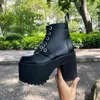 Botas estilo punk mulheres sapatos rendas até salto grosso altura 11cm plataforma mulher gótico tornozelo decoração de metal genuíno couro