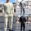 Men's Hoodies Solid Color Crew Neck Long Sleeve Suede Hoodie And Elastic Waist Lace Up Pant Suit Clothes Men 1930s Suits For