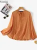ZANZEA Женская блузка с длинным рукавом-фонариком и галстуком-бабочкой с вырезом, осенний топ со складками, Blusas, свободная модная рубашка большого размера 240130