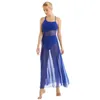 Stage Wear Womens Adult Sleeveless Asymmetrical Mesh Ballet Lyrical Maxi Dance Dress With Built-In Leotard Jazz Rumba Waltz Tango Costumes