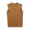 Men'S Sleeveless Sweater Vest Striped Trim V Neck Pullover Vestes Knitwear Male Waistcoat 240119