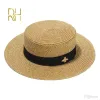 Damer Sun Boater Flat Hatts Small Bee Sequin Straw Hat Retro Guld flätad hatt Kvinnlig solskydd Shine Flat Cap RH 220817